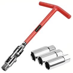 Universal Spark Plug Socket Wrench Set (16/18/21 mm, 4-Piece with T-Handle), 360-Degree Rotation for Easy Spark Plug Removal